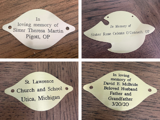 Examples of engraved leaves and dove for our Giving Tree